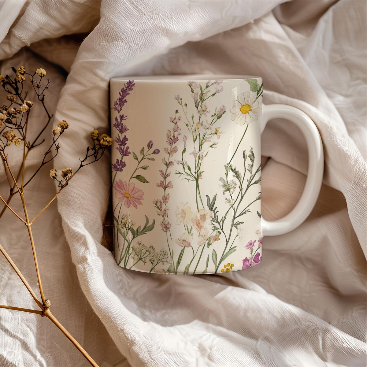 Handcrafted ceramic mug with floral design