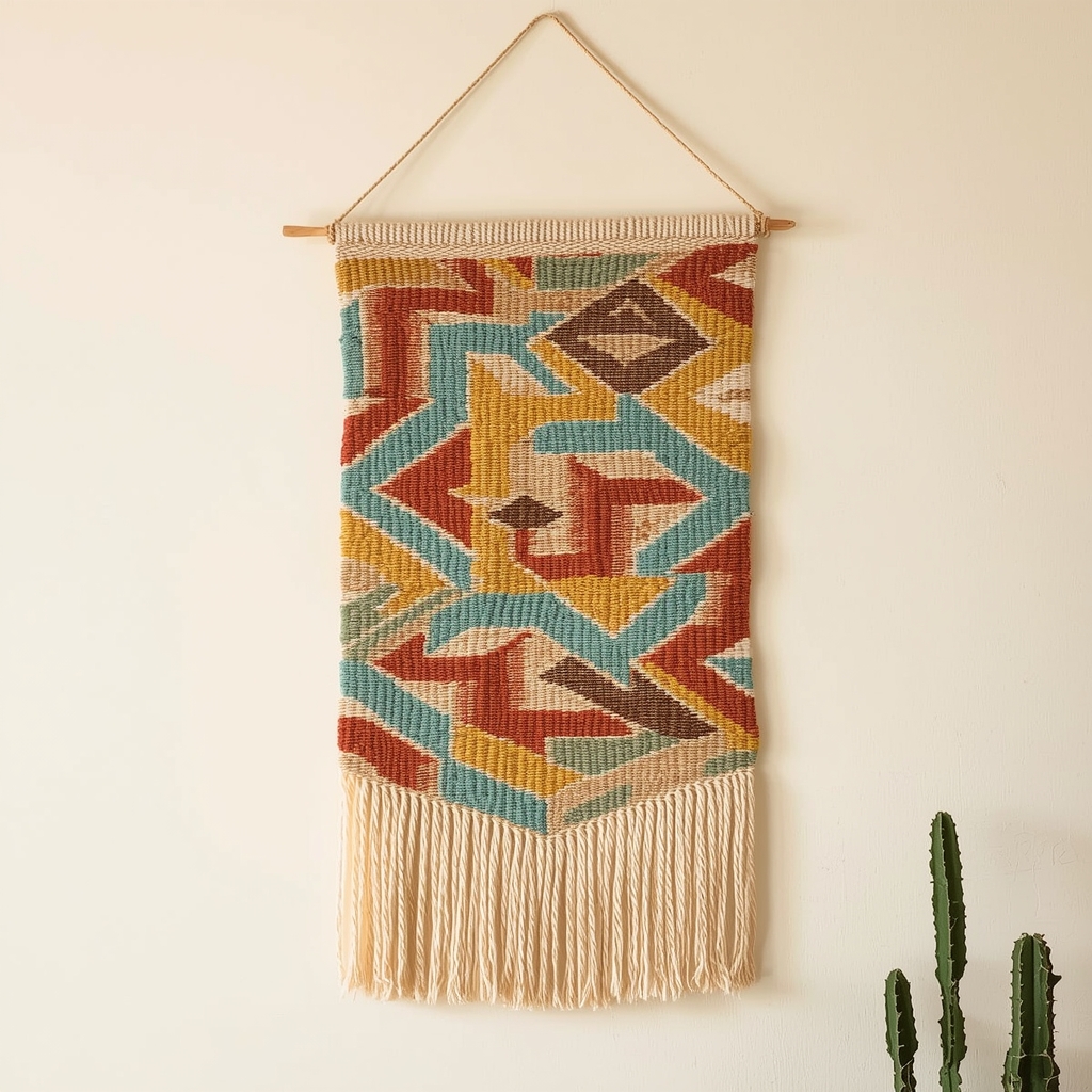 Handwoven textile wall hanging with geometric pattern